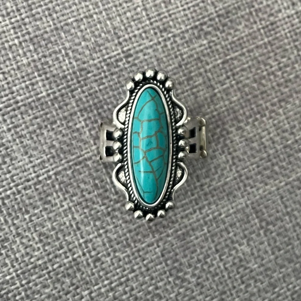 Boho Turquoise Colored Statement Ring Silver Tone